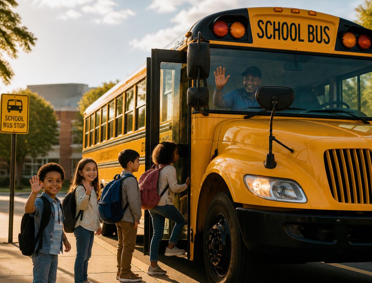 Yellow school bus with happy children boarding at a sunny school stop